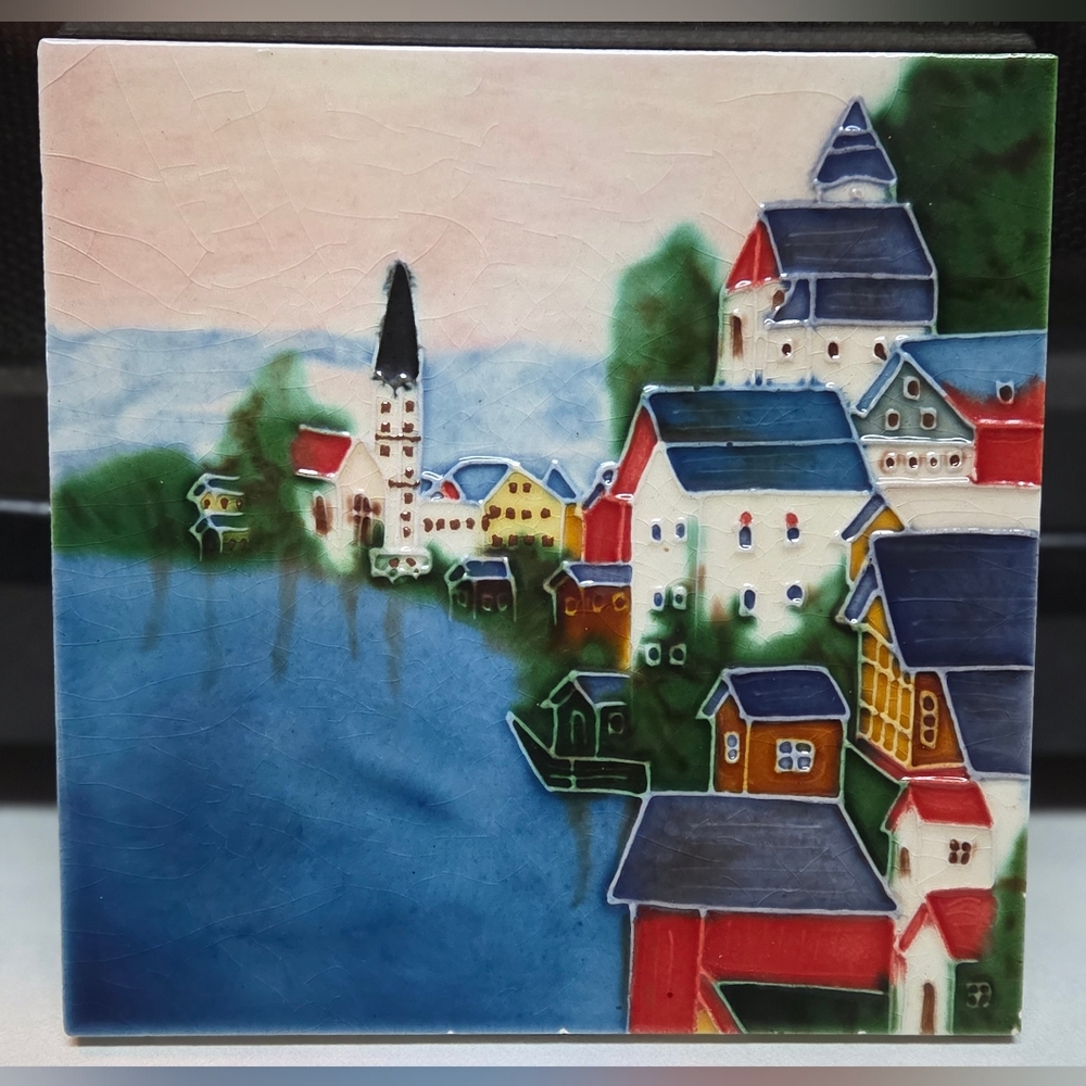 Handcrafted Ceramic Art Tile by Benaya Village On The Water Scene